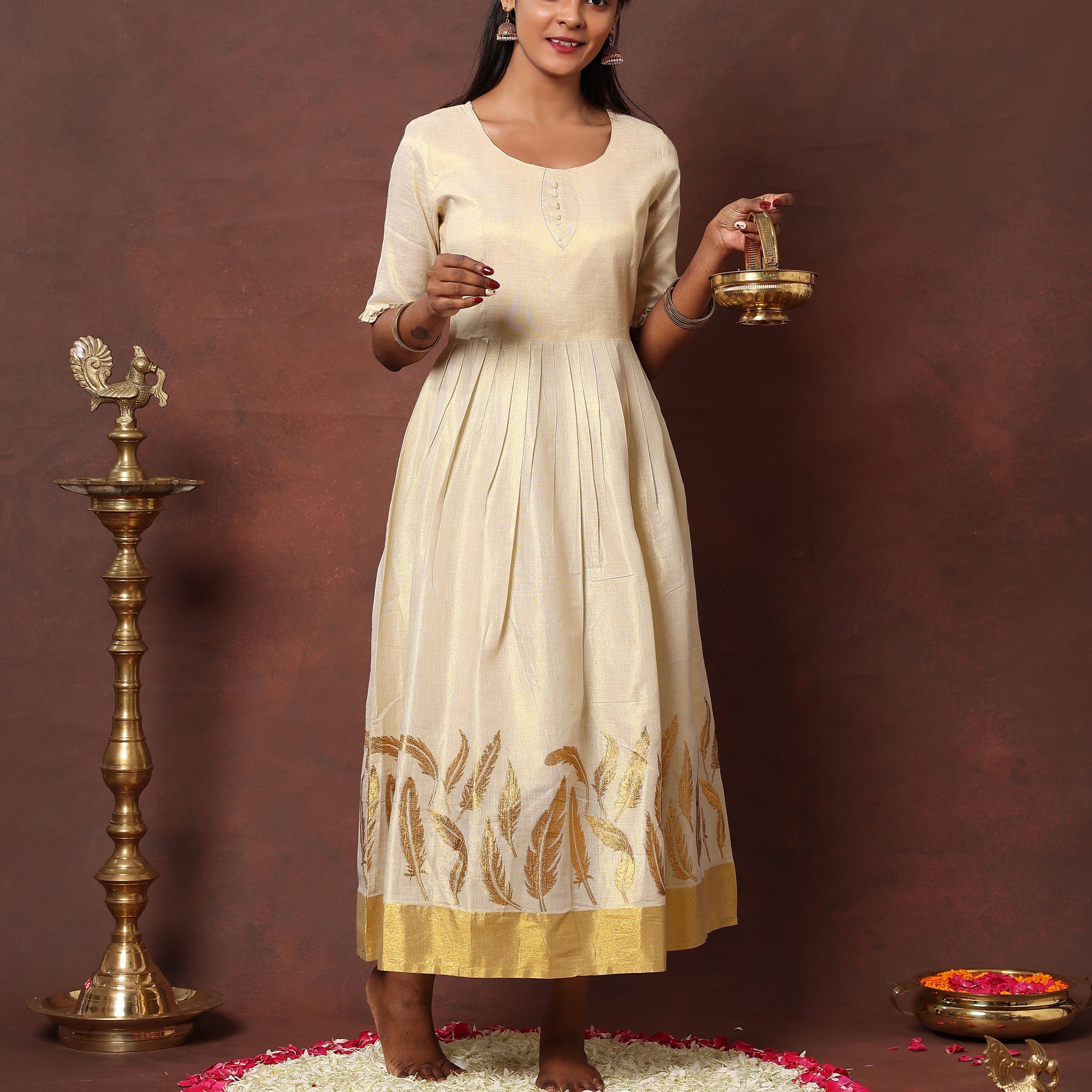 Women's Ethnic Pleated A-Line Kurta with Gold Feather Motif Border and Zari  - Sandal