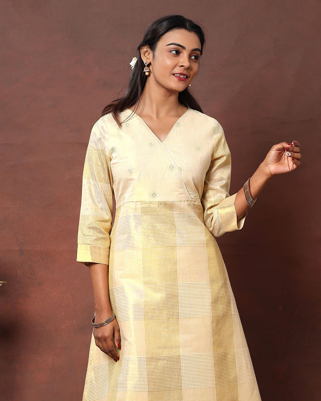 Women's Woven Design A-Line Kurta with 3/4th Sleeves and Palazzo Set - Sandal