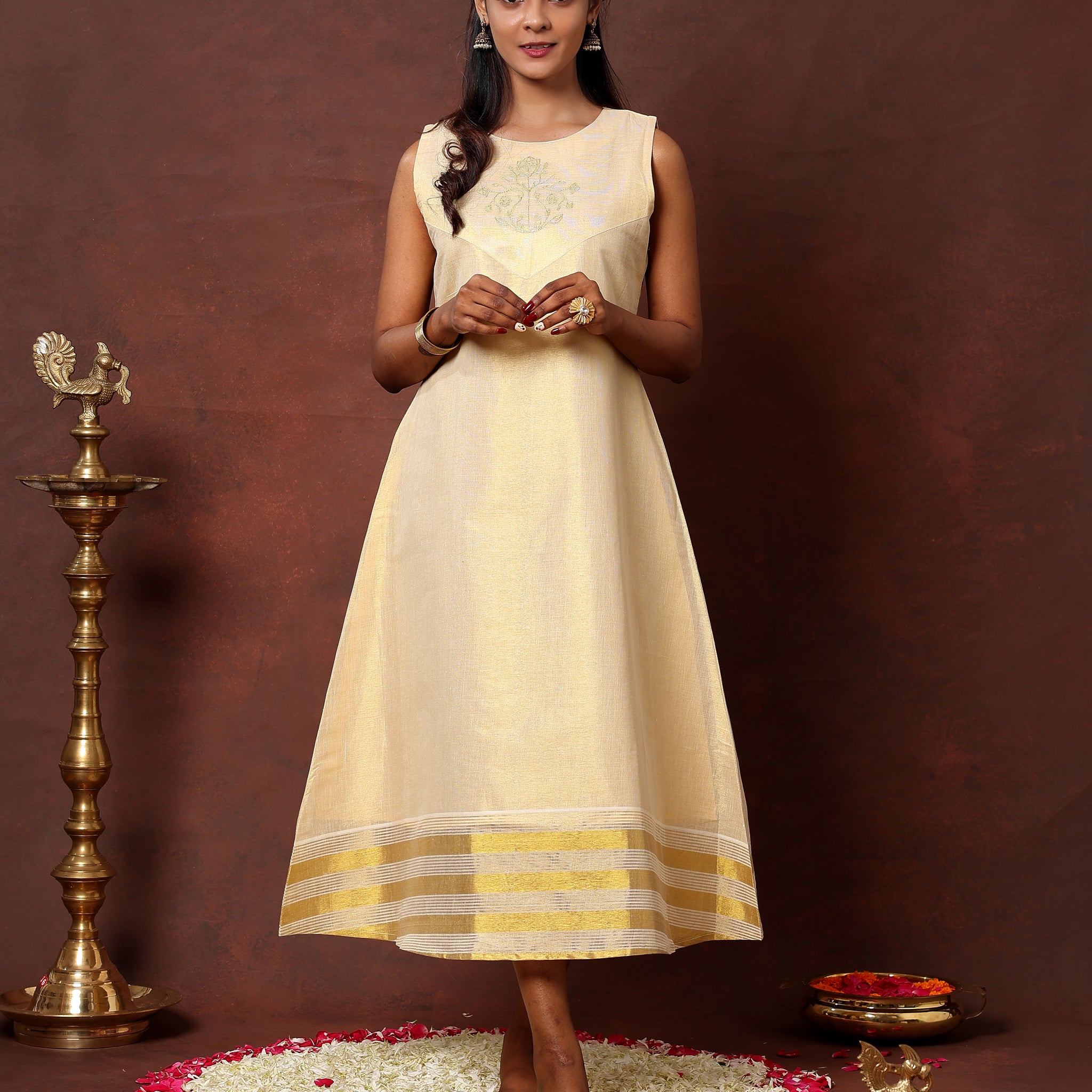 Elegant Sleeveless A-Line Kurta with Golden Border and Embroidered Yoke - Off-White