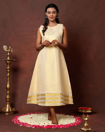 Elegant Sleeveless A-Line Kurta with Golden Border and Embroidered Yoke - Off-White