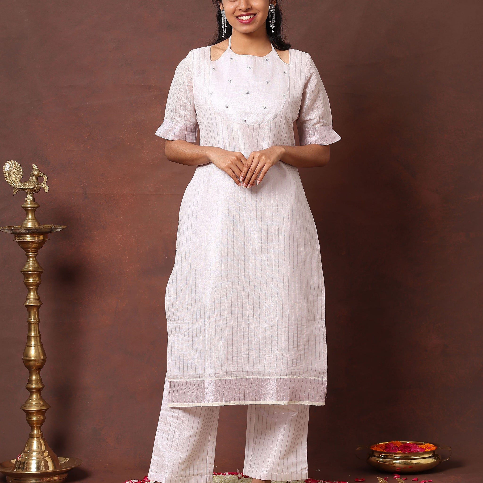 Stylish Handwoven Cotton Kurta with Cut-Out Neckline and Subtle Embroidery - White