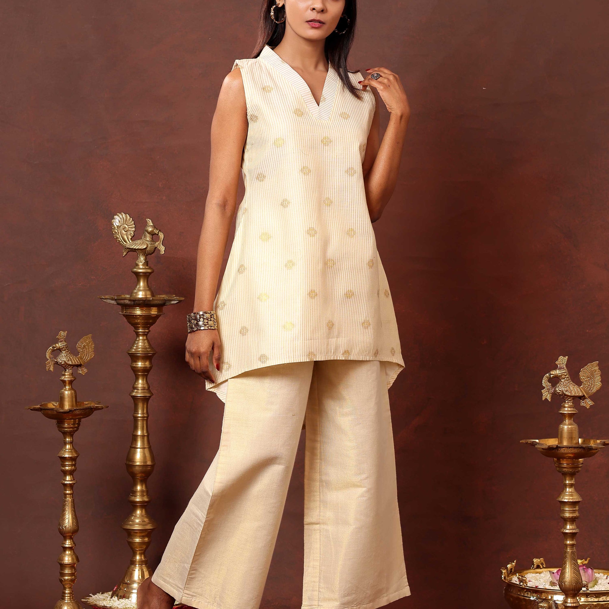 Sleeveless Womens Hem Kurta Set with Gold Buti Embroidery and Palazzo Pants - Sandal