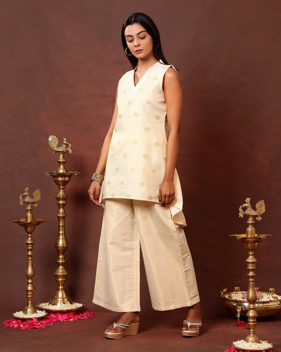 Sleeveless Womens Hem Kurta Set with Gold Buti Embroidery and Palazzo Pants - Sandal