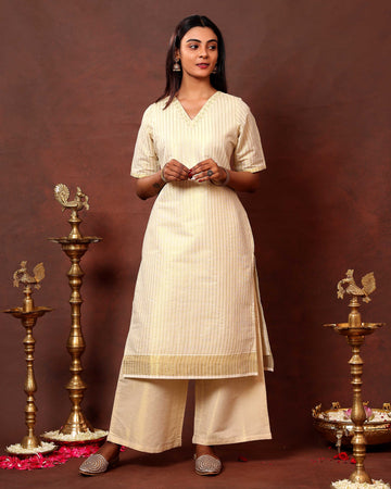 Women's Striped Kurta with V-Neckline and Zari Border Detail - Off-White
