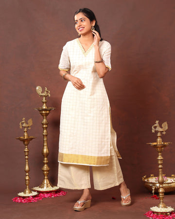 Elegant Handwoven Cotton Kurta with Checkered Pattern, V-Neckline and Zari Border - Sandal