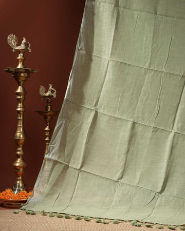 Handwoven Linen Cotton Saree with Subtle Sheen and Tassel Border - Green