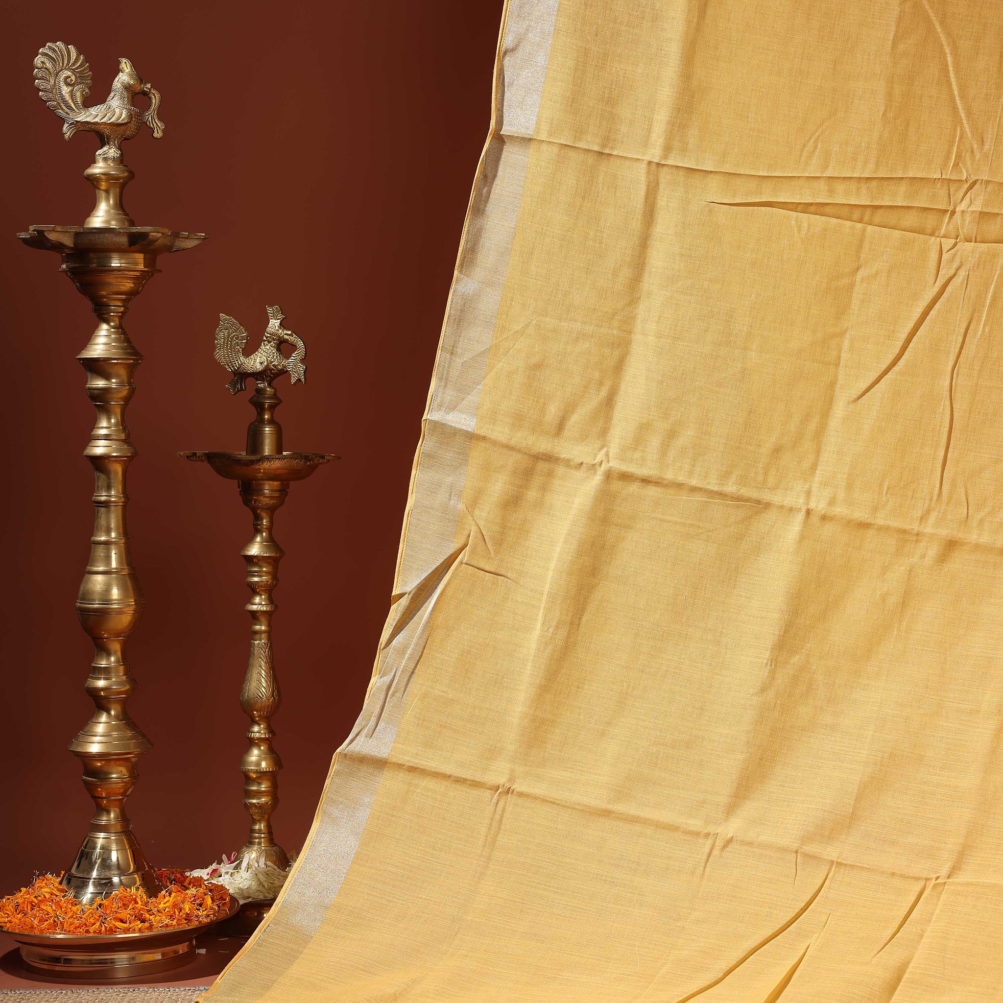 Handwoven Linen Cotton Saree with Subtle Sheen and Tassel Border - Yellow