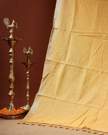 Handwoven Linen Cotton Saree with Subtle Sheen and Tassel Border - Yellow