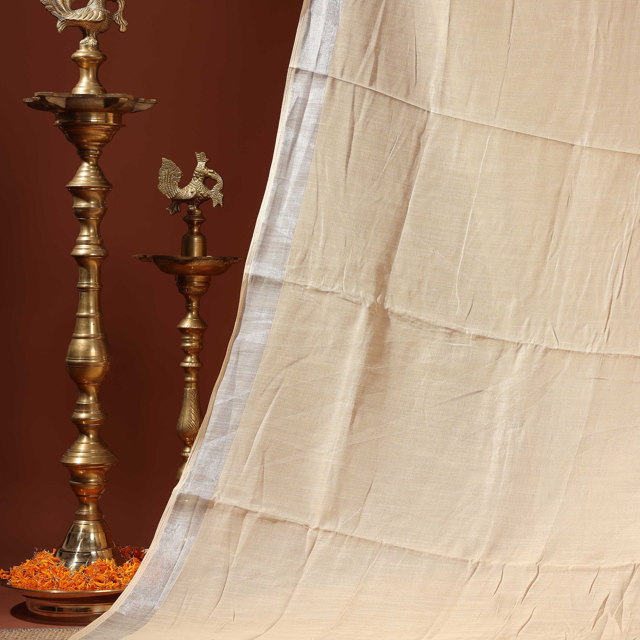 Handwoven Linen Cotton Saree with Subtle Sheen and Tassel Border - Sandal