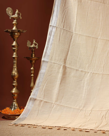 Handwoven Linen Cotton Saree with Subtle Sheen and Tassel Border - Sandal