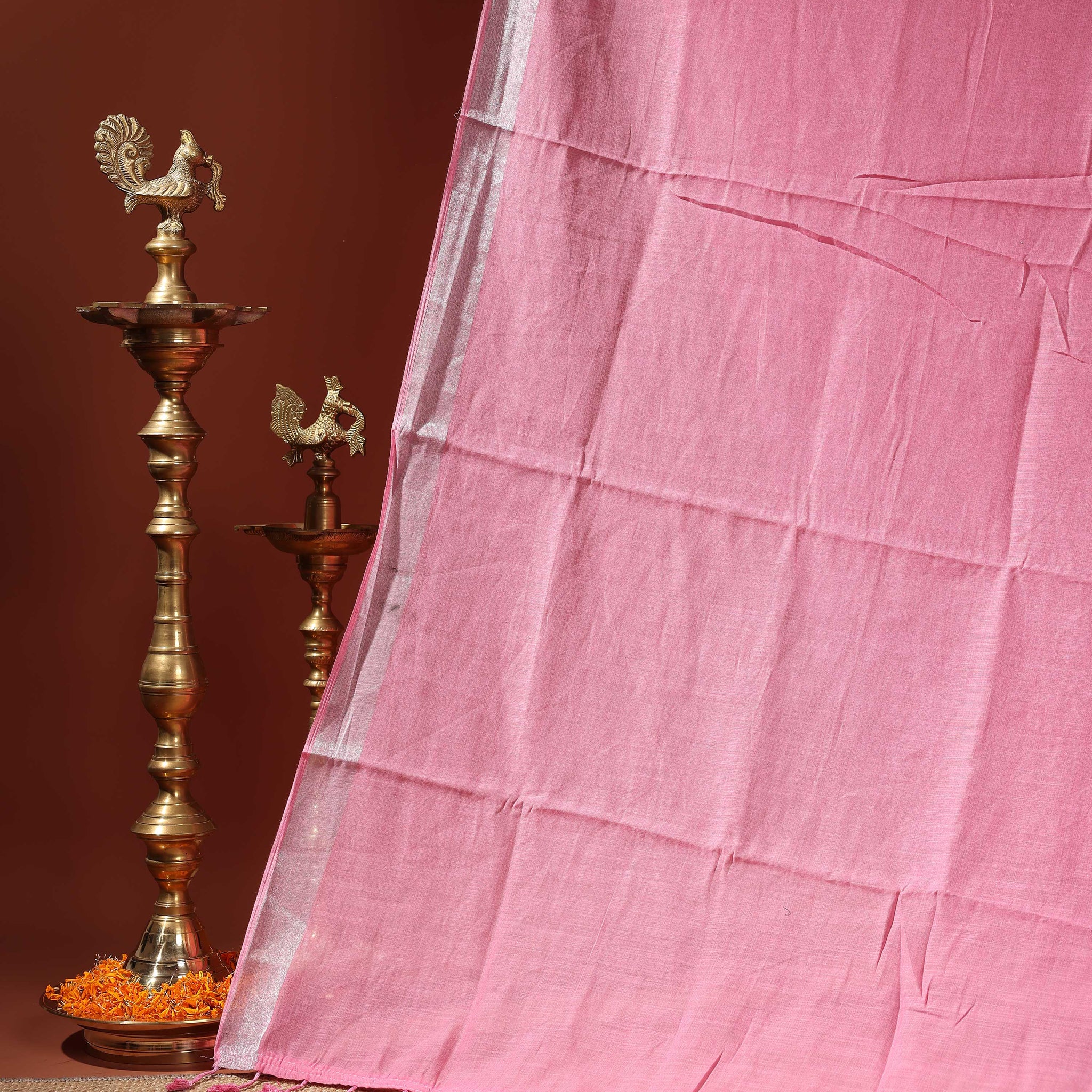 Handwoven Linen Cotton Saree with Subtle Sheen and Tassel Border - Pink