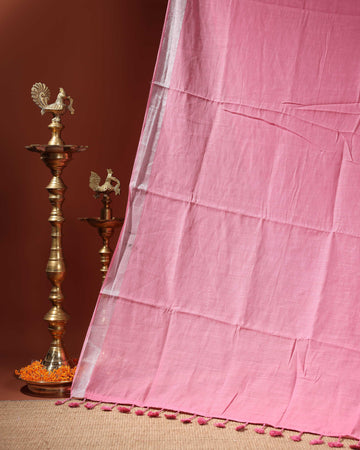 Handwoven Linen Cotton Saree with Subtle Sheen and Tassel Border - Pink
