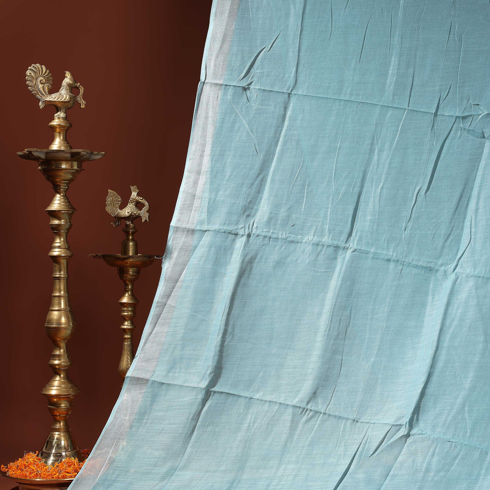 Handwoven Linen Cotton Saree with Subtle Sheen and Tassel Border - Light Blue