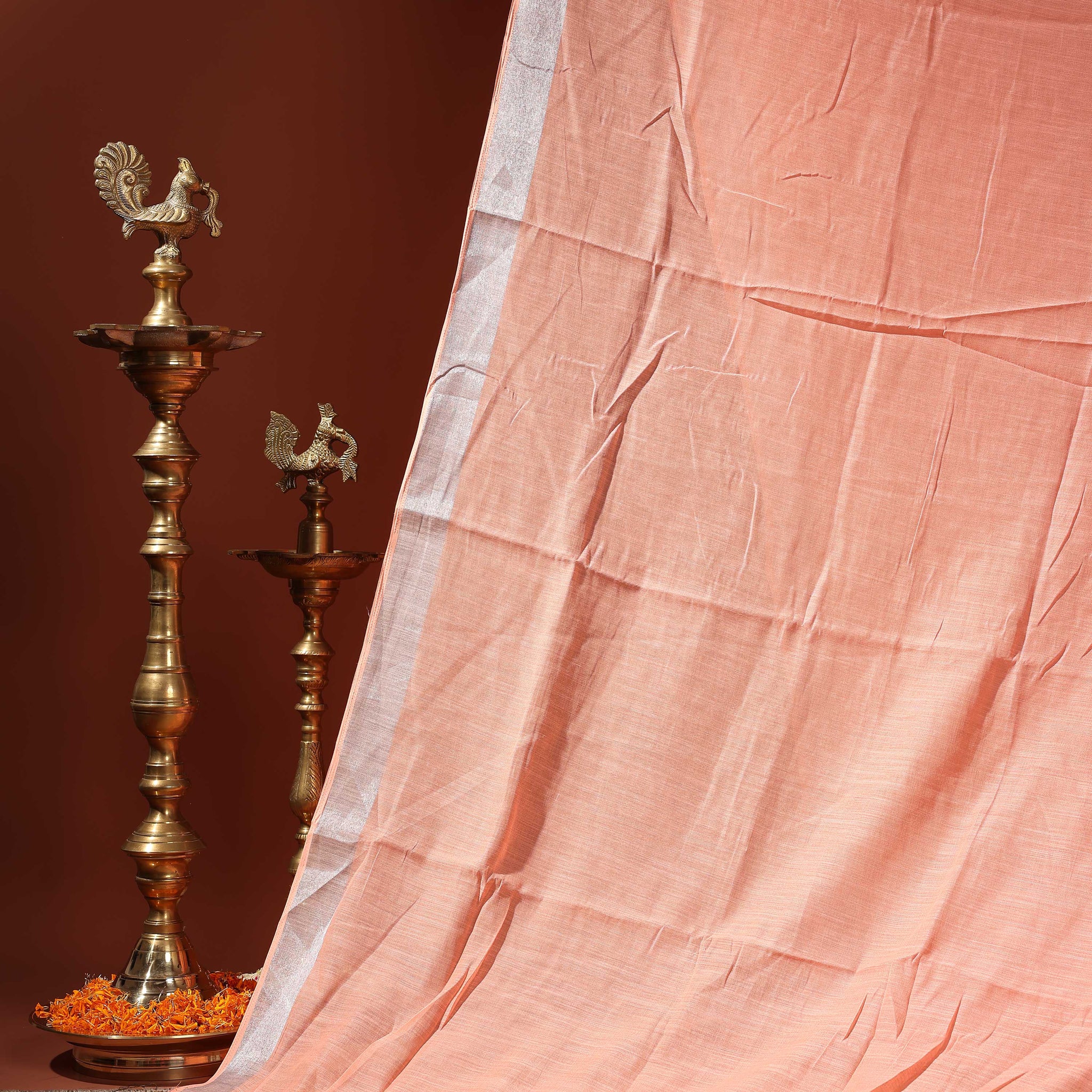 Handwoven Linen Cotton Saree with Subtle Sheen and Tassel Border - Orange