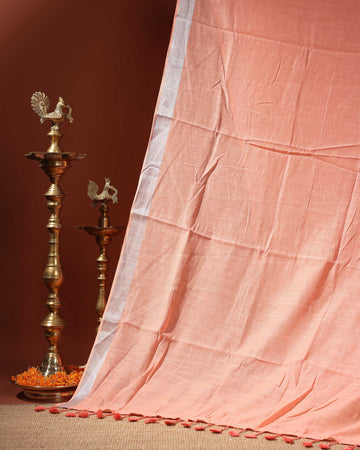 Handwoven Linen Cotton Saree with Subtle Sheen and Tassel Border - Orange