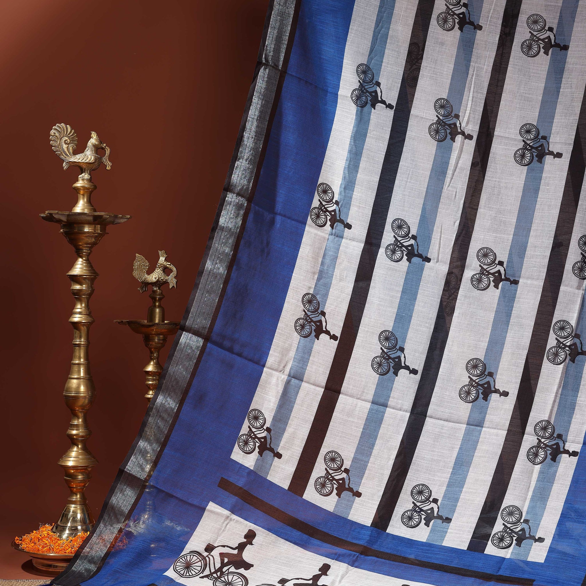 Linen Cotton Saree with Contemporary Bicycle Motif and Vertical Striped Design - White