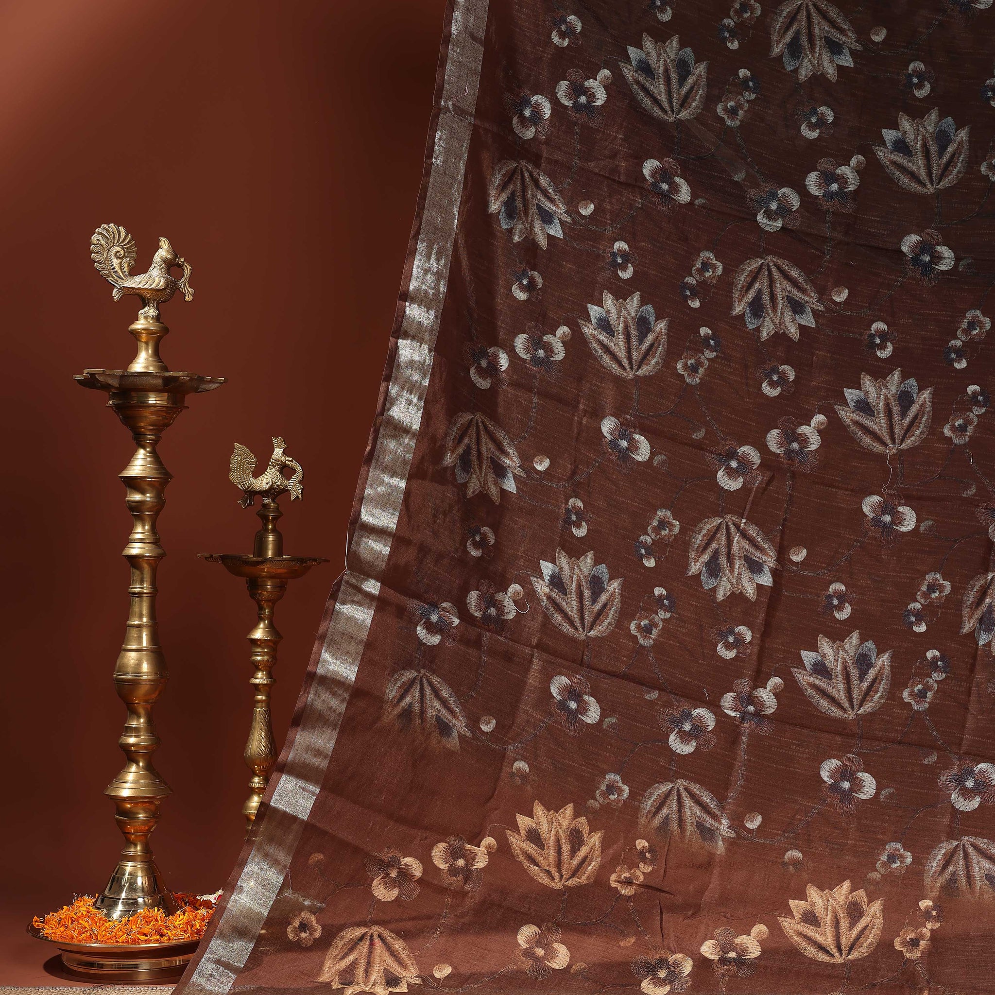 Linen Cotton Saree with All-Over Woven Floral Motifs and Subtle Zari Border - Brown