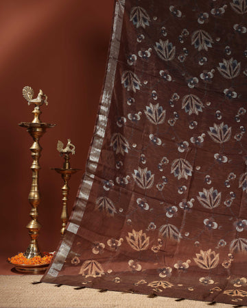 Linen Cotton Saree with All-Over Woven Floral Motifs and Subtle Zari Border - Brown