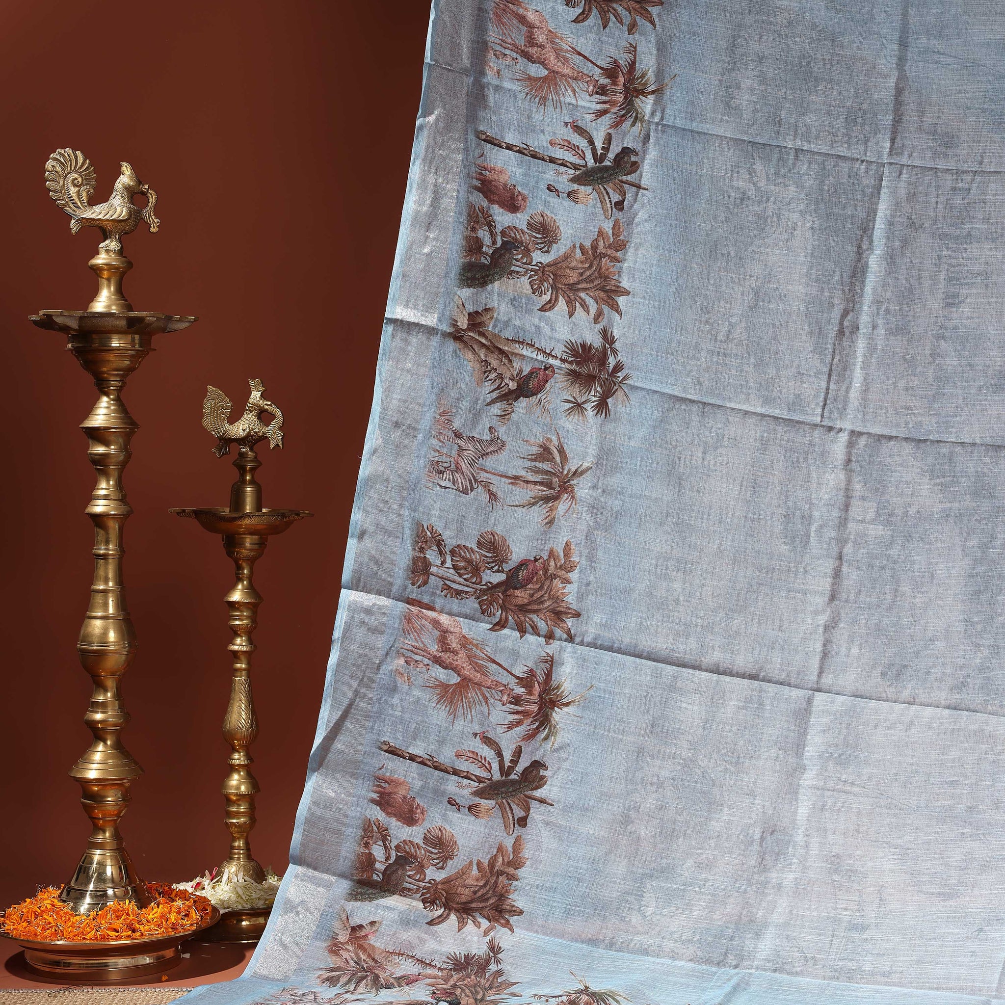 Linen Cotton Saree with Artistic Nature-Inspired Printed Border  - Light Blue