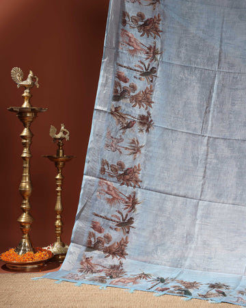 Linen Cotton Saree with Artistic Nature-Inspired Printed Border  - Light Blue