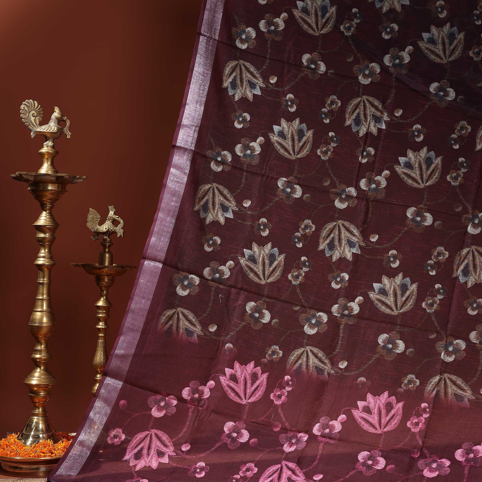 Linen Cotton Saree with Intricate Floral Woven Motifs and Contrast Border - Purple