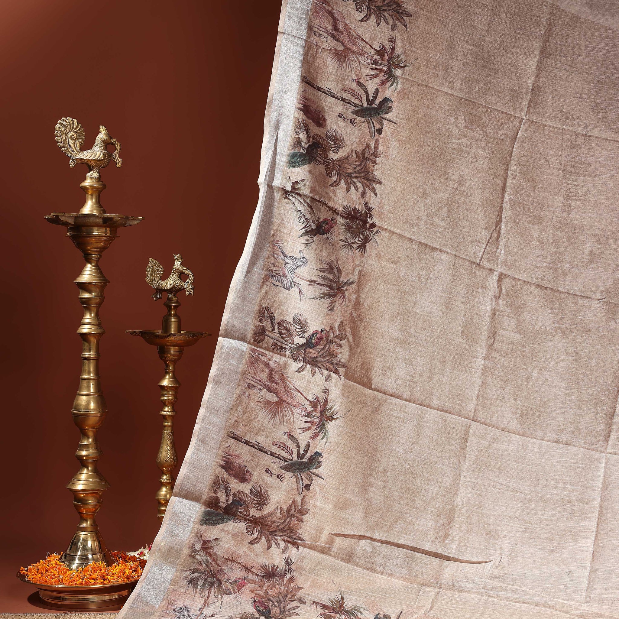 Linen Cotton Saree with Artistic Nature-Inspired Printed Border  - Sandal