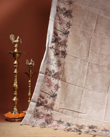 Linen Cotton Saree with Artistic Nature-Inspired Printed Border  - Sandal