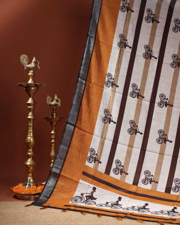 Linen Cotton Saree with Contemporary Bicycle Motif and Vertical Striped Design - White