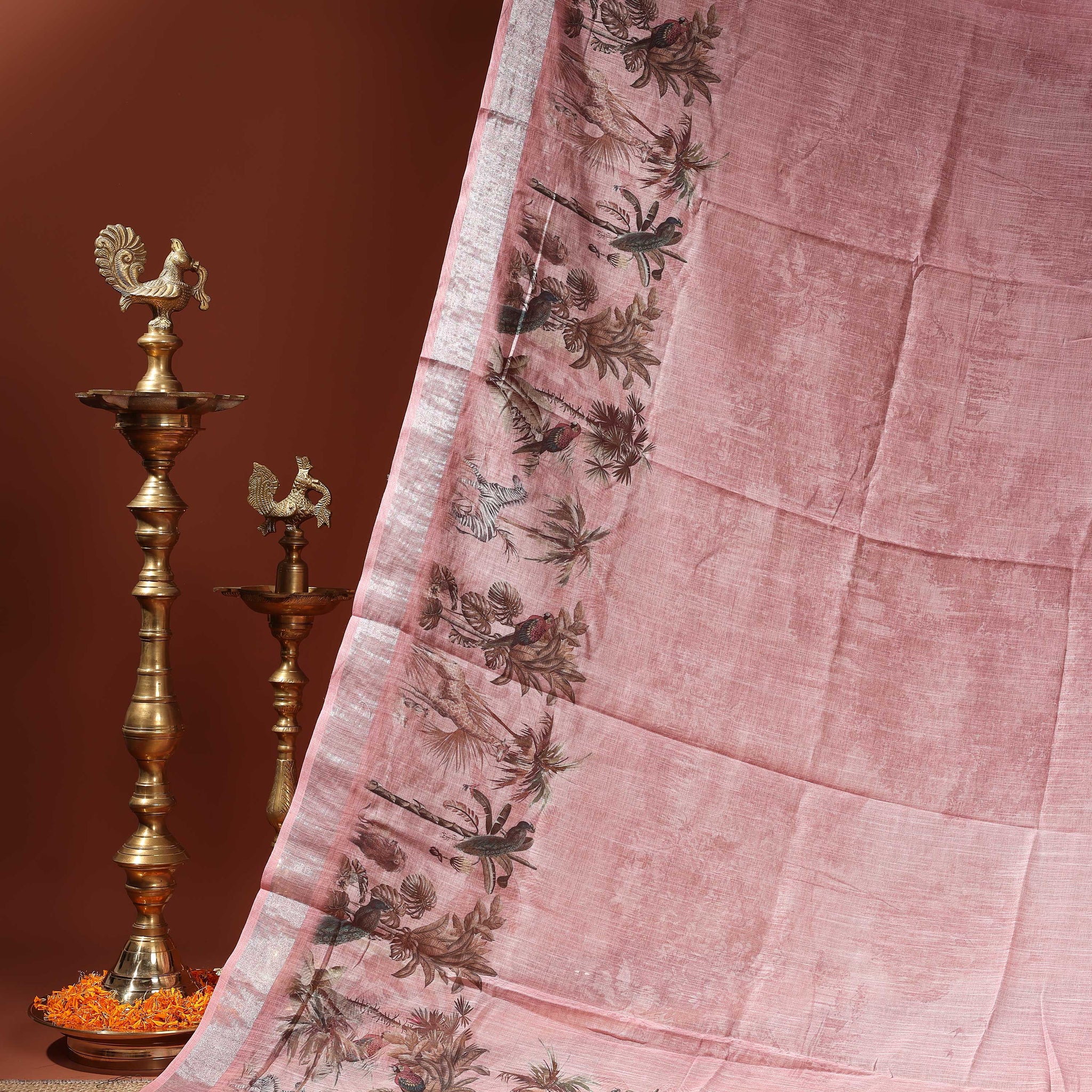 Linen Cotton Saree with Artistic Nature-Inspired Printed Border - Pink