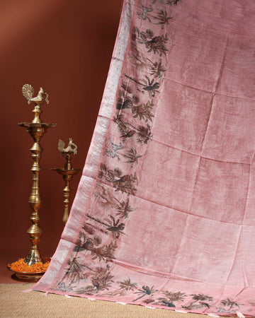 Linen Cotton Saree with Artistic Nature-Inspired Printed Border - Pink