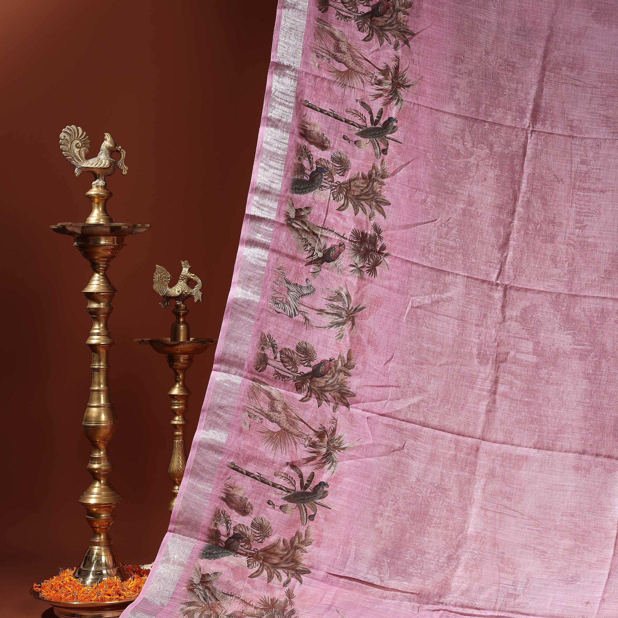 Linen Cotton Saree with Artistic Nature-Inspired Printed Border - Pink