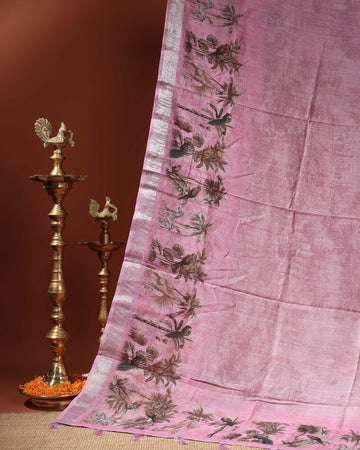 Linen Cotton Saree with Artistic Nature-Inspired Printed Border - Pink