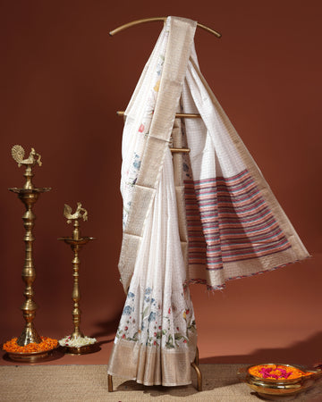 Floral Pattern Dola Silk Saree With Woven Border - White