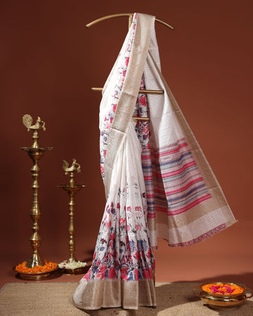 Floral Pattern Dola Silk Saree With Woven Border - White