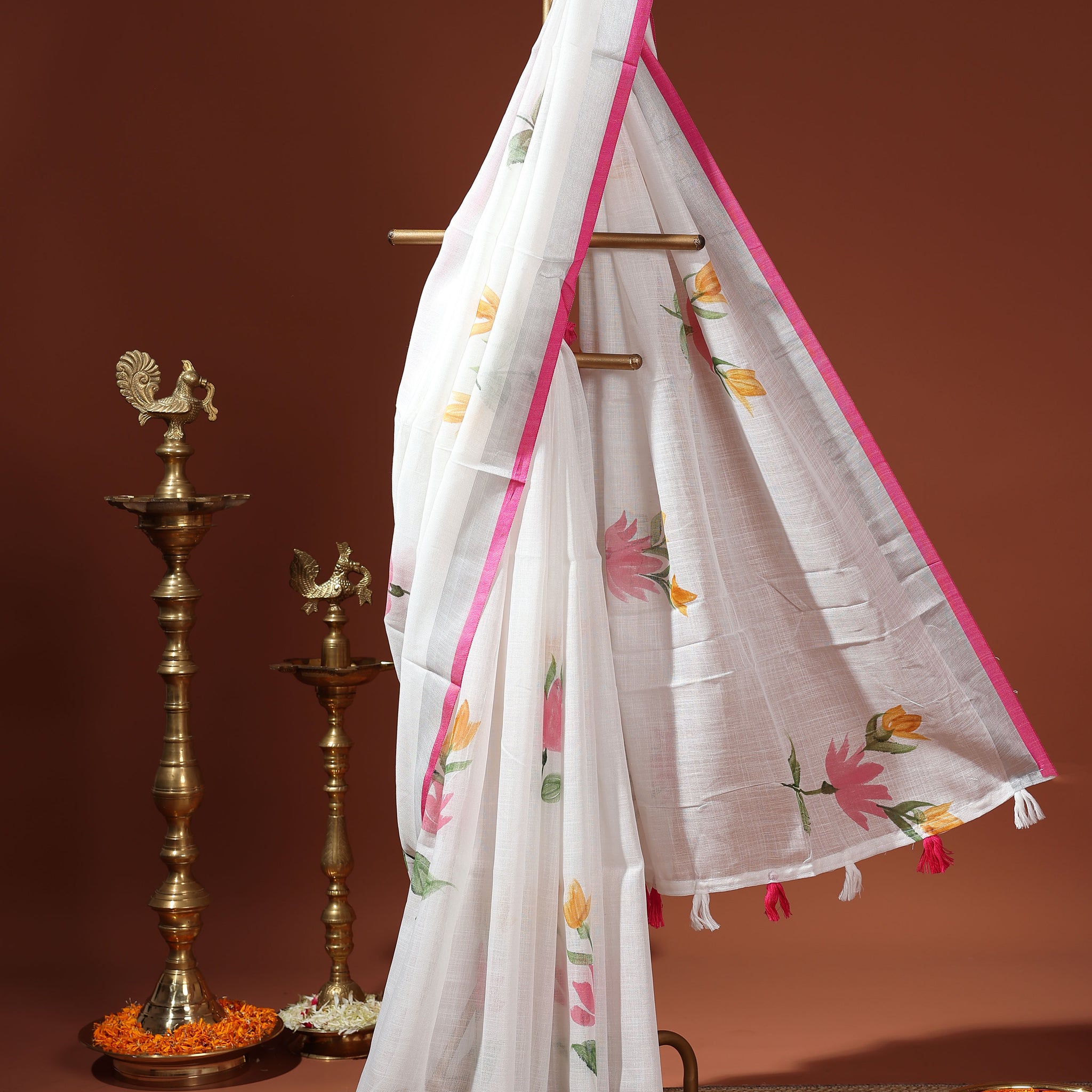 Traditional Kerala Cotton Saree with Contrasting Border and Handpainted Floral Design - White