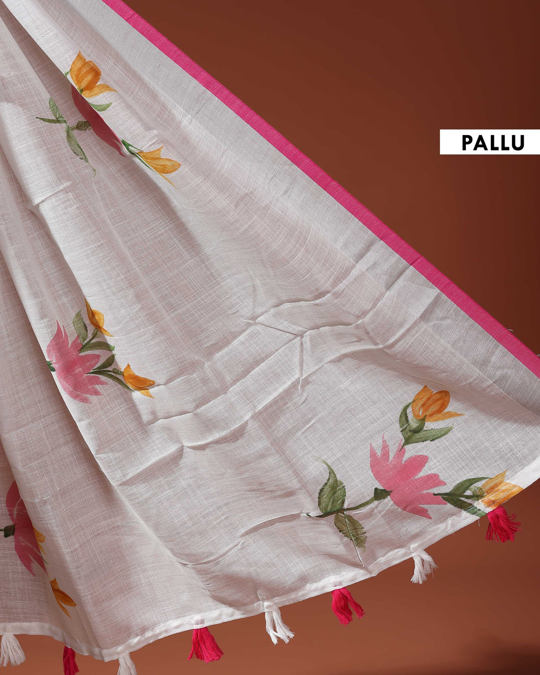 Traditional Kerala Cotton Saree with Contrasting Border and Handpainted Floral Design - White