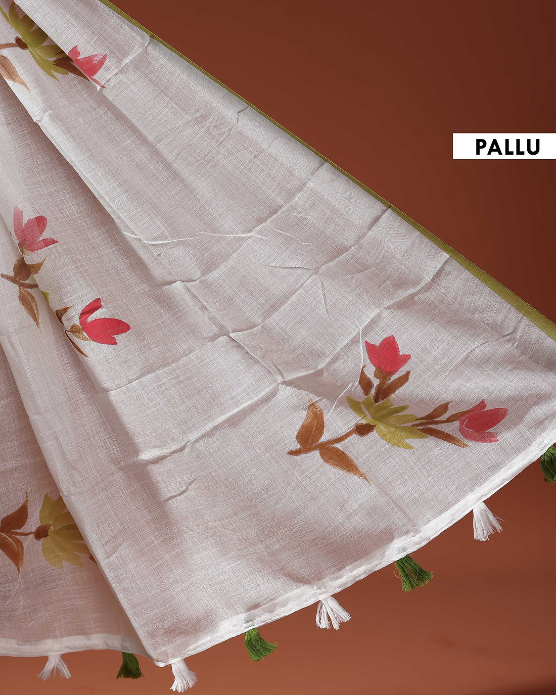 Traditional Kerala Cotton Saree with Contrasting Border and Handpainted Floral Design - White