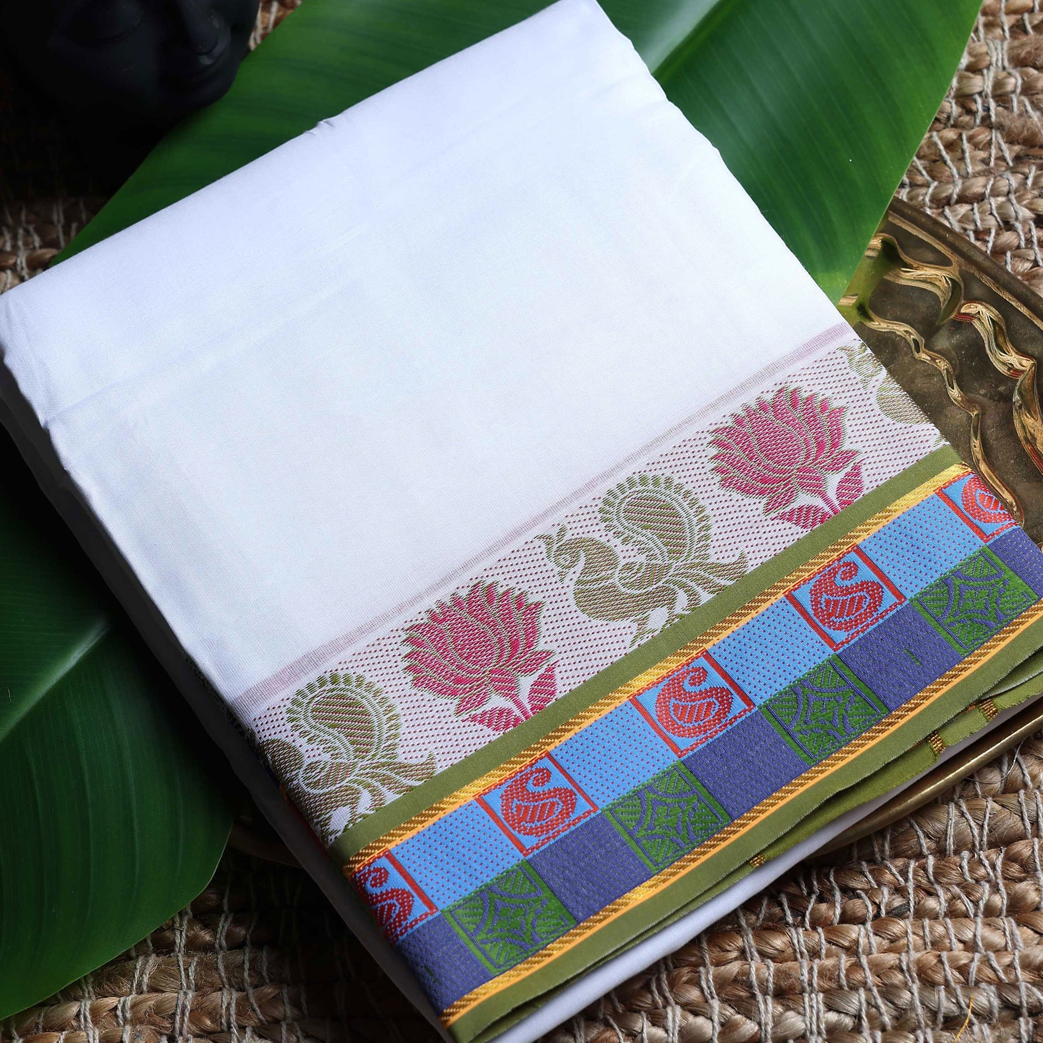 Men’s Cotton Dhoti with Multi Zari Border - White