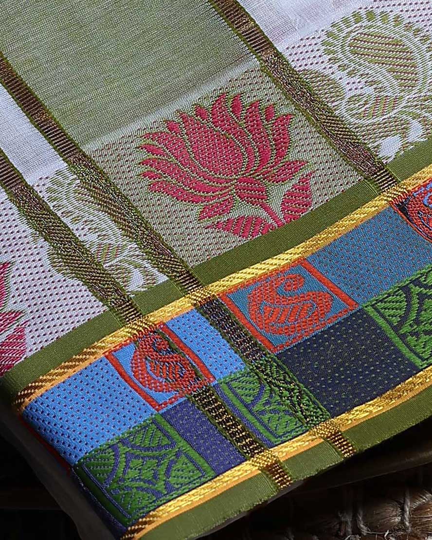Men’s Cotton Dhoti with Multi Zari Border - White