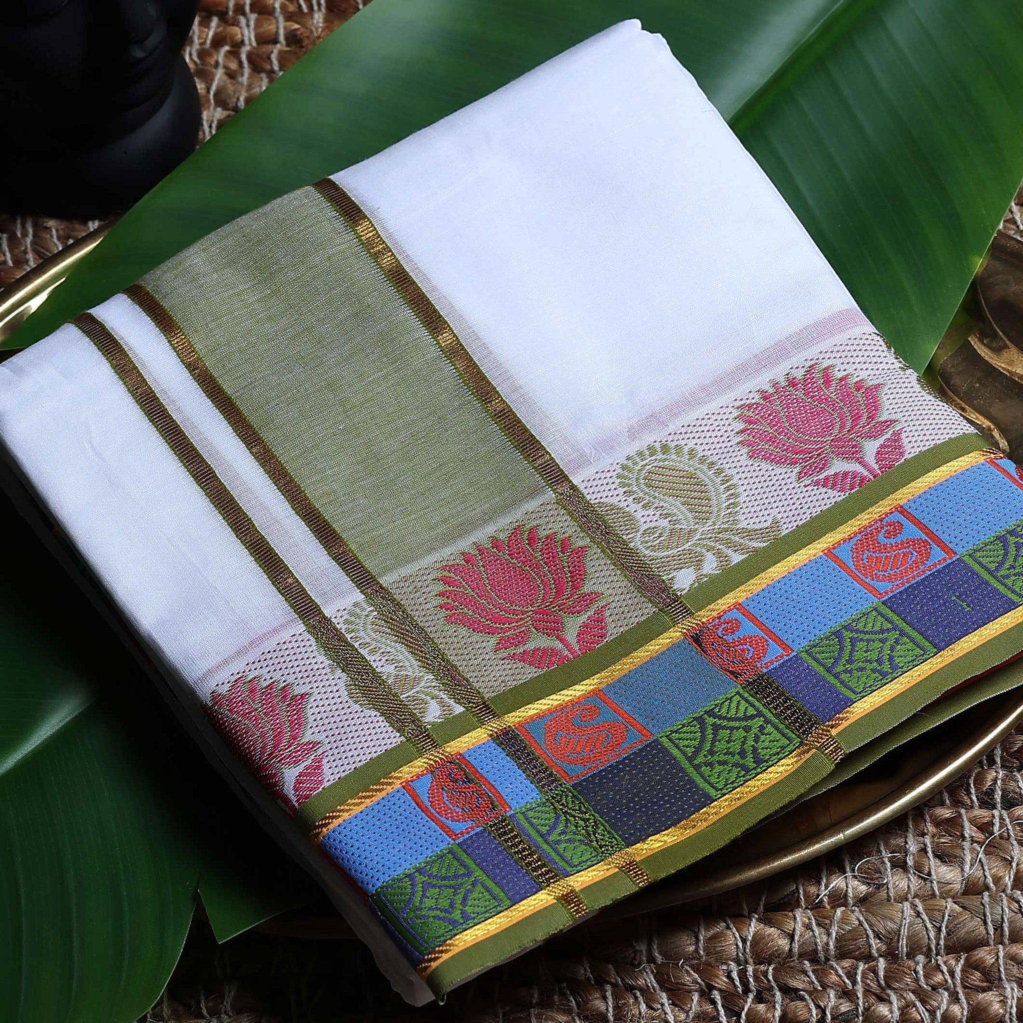 Men’s Cotton Dhoti with Multi Zari Border - White