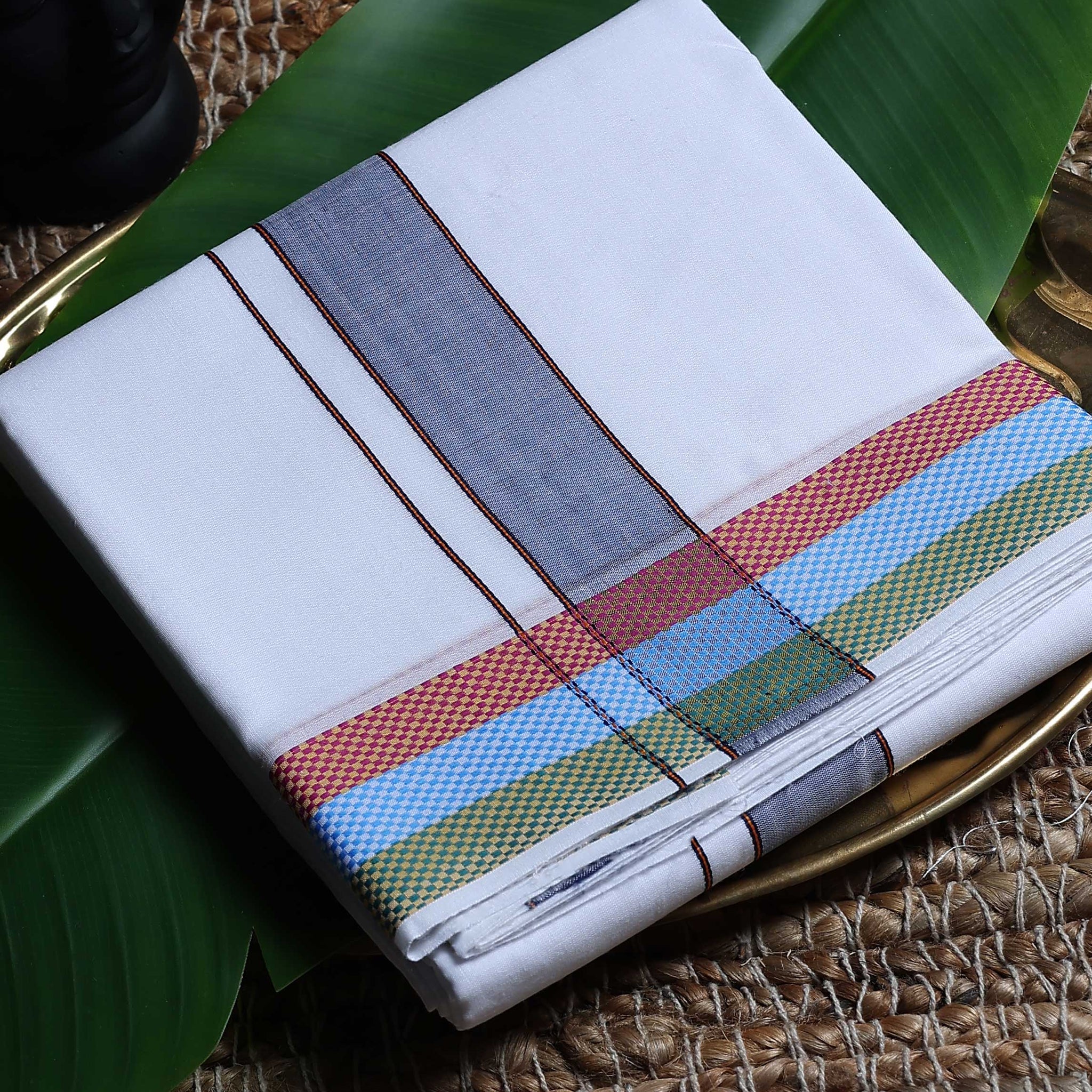Men’s Cotton Dhoti with Multi Zari Border - White
