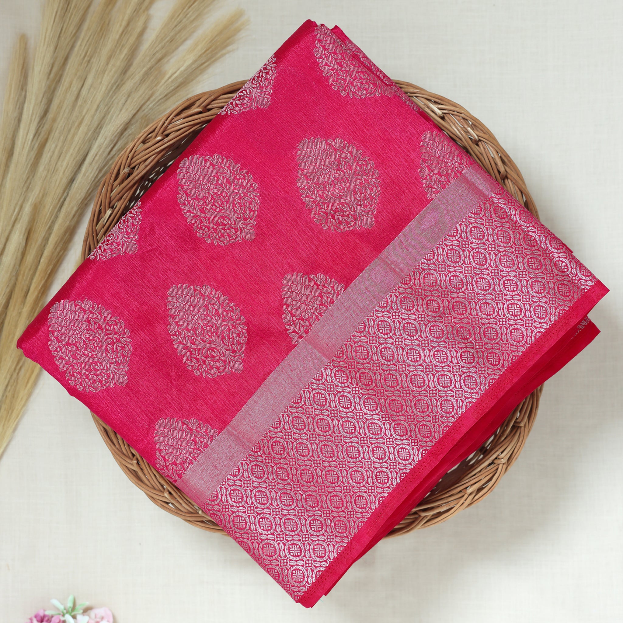 Magenta Pink Color Tussar Silk Saree