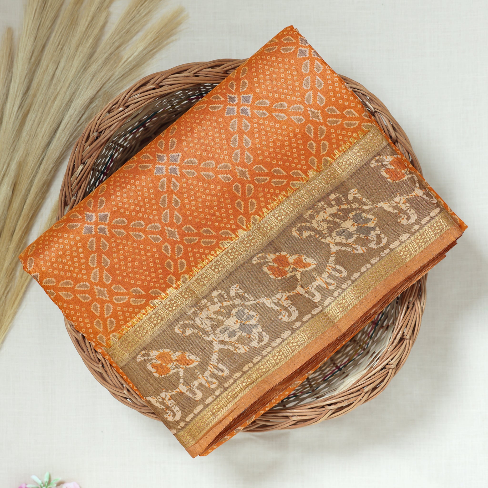 Orange Color Tussar Silk Saree