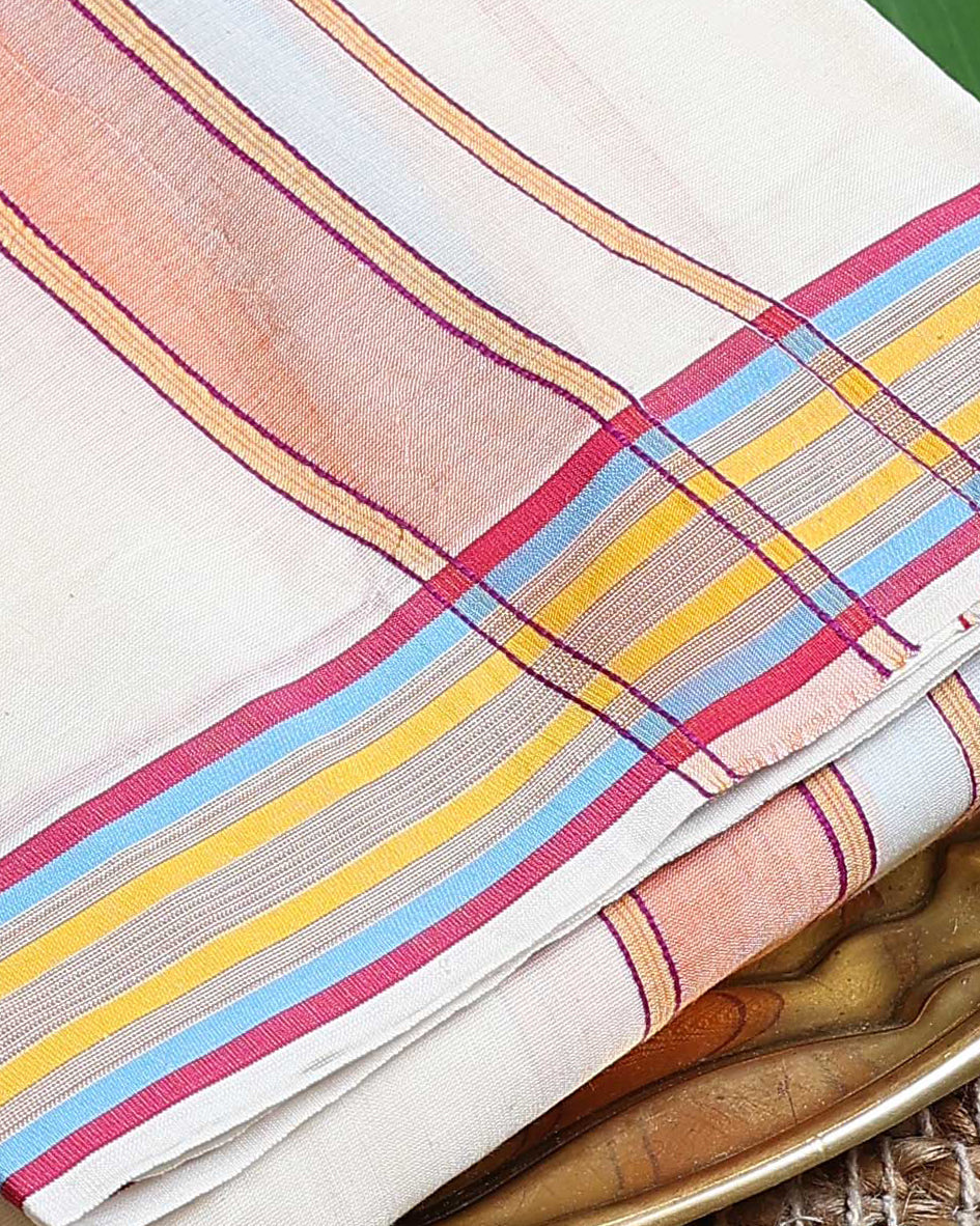 Men’s Cotton Dhoti with Multi Zari Border - White
