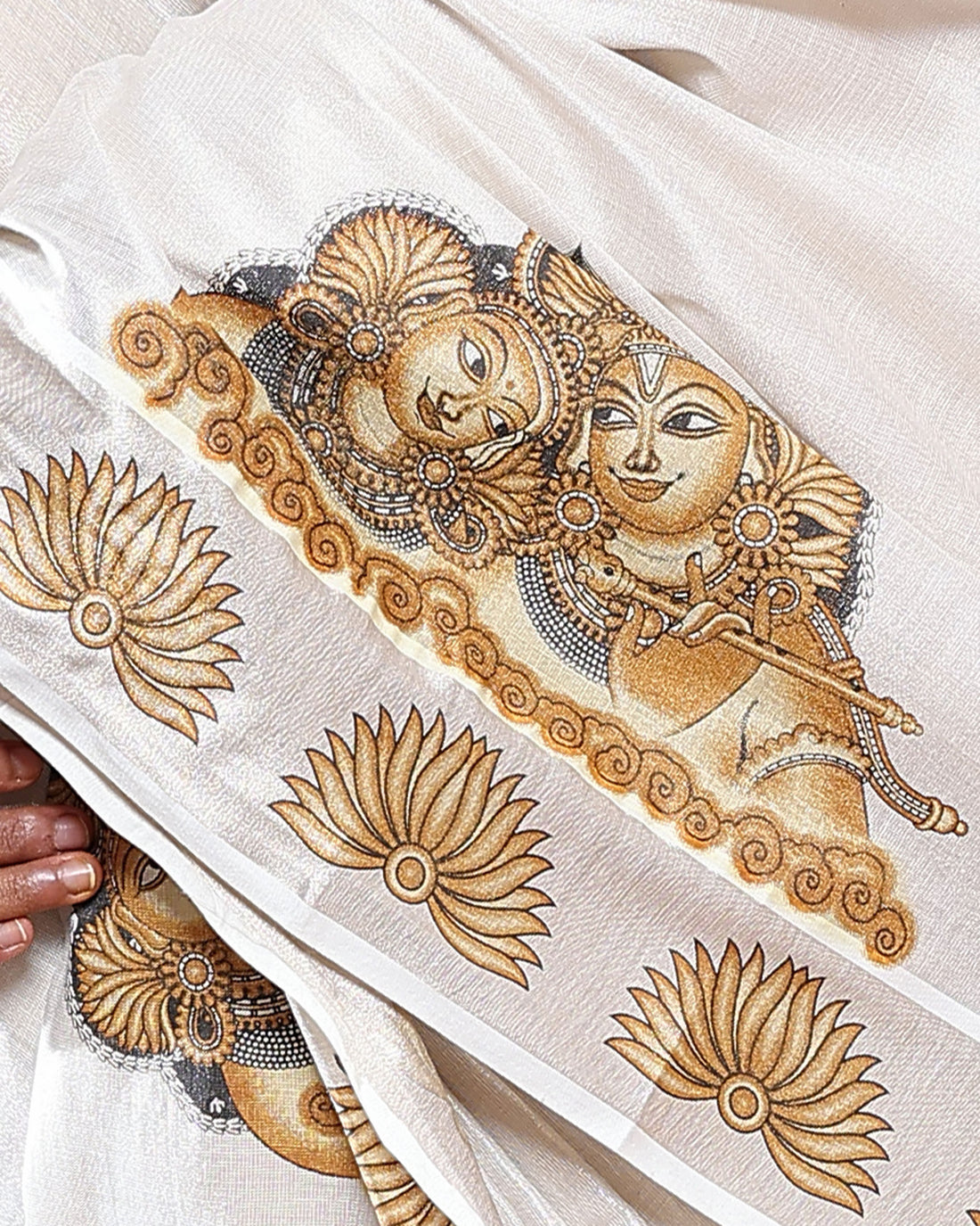 Kasavu Kerala Saree with Traditional Mural Art Motifs and Intricate Zari Border - Cream