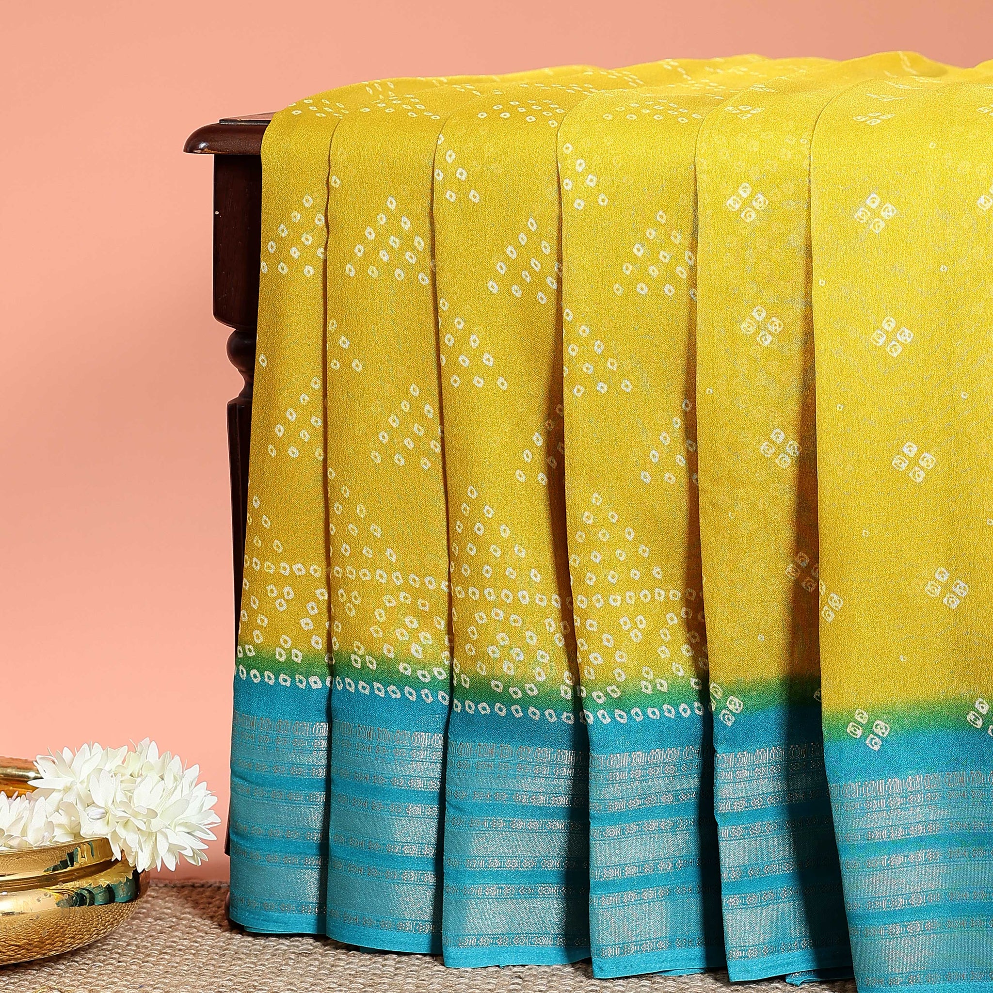 Elegant Dola Silk Saree with Traditional Bandhani Print and Contrasting Zari Woven Border - Yellow