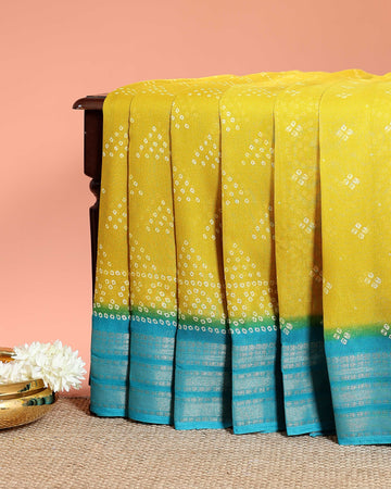 Elegant Dola Silk Saree with Traditional Bandhani Print and Contrasting Zari Woven Border - Yellow
