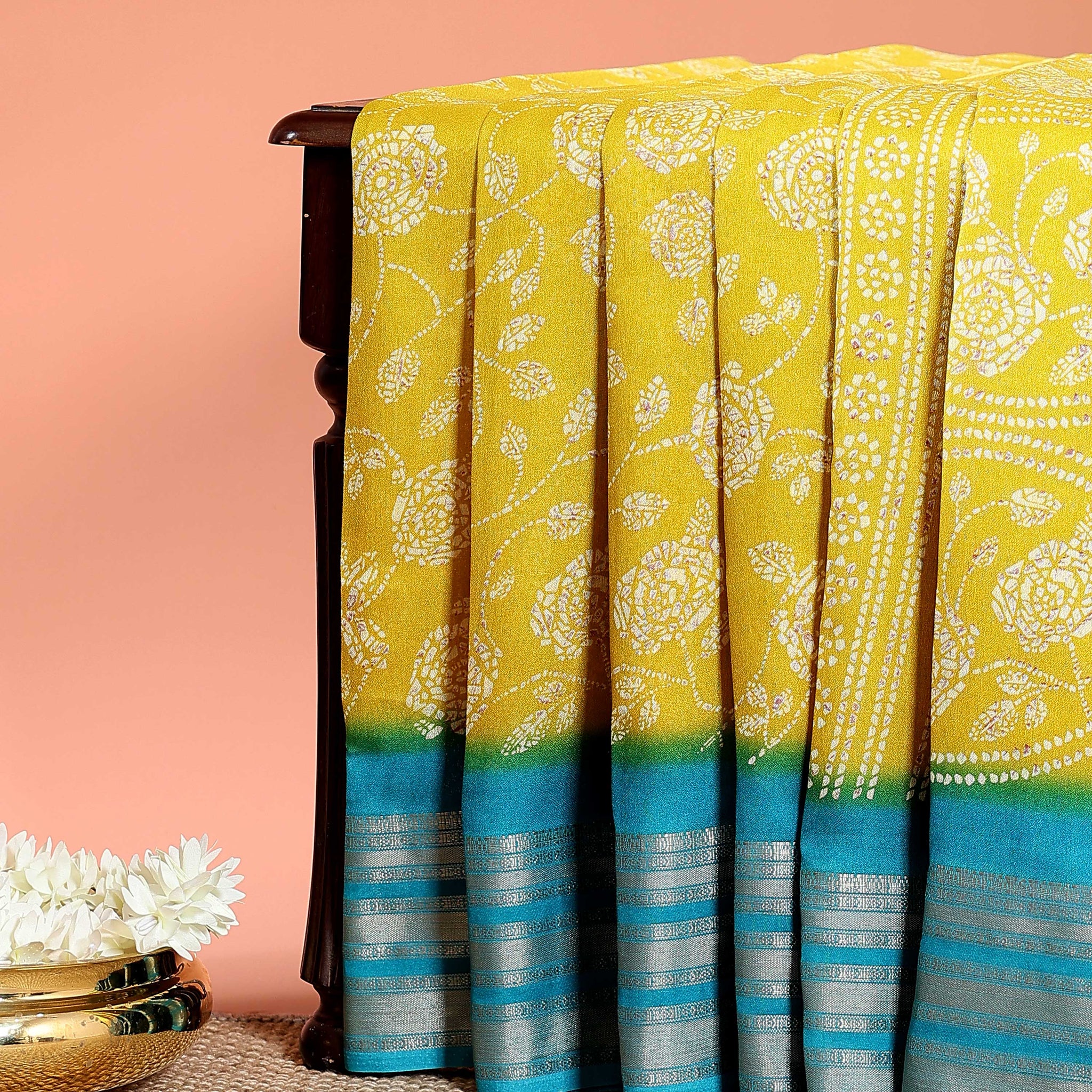 Graceful Dola Silk Saree with Intricate Floral Bandhani Print and Rich Zari Striped Border - Yellow