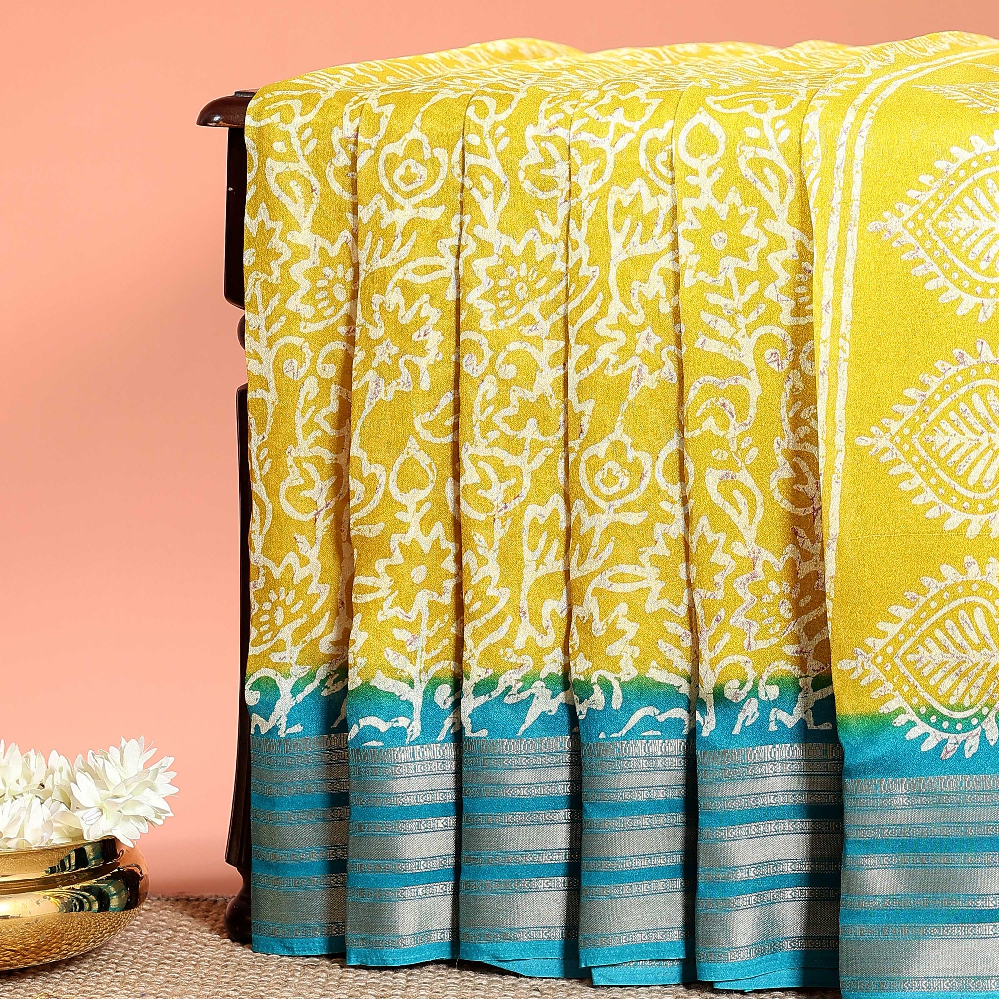Classic Dola Silk Saree with Ethnic Bandhani-Inspired Motifs and Contrast Zari Border - Yellow