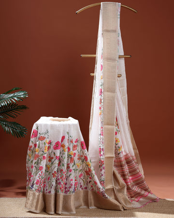 Floral Pattern Dola Silk Saree With Woven Border - White